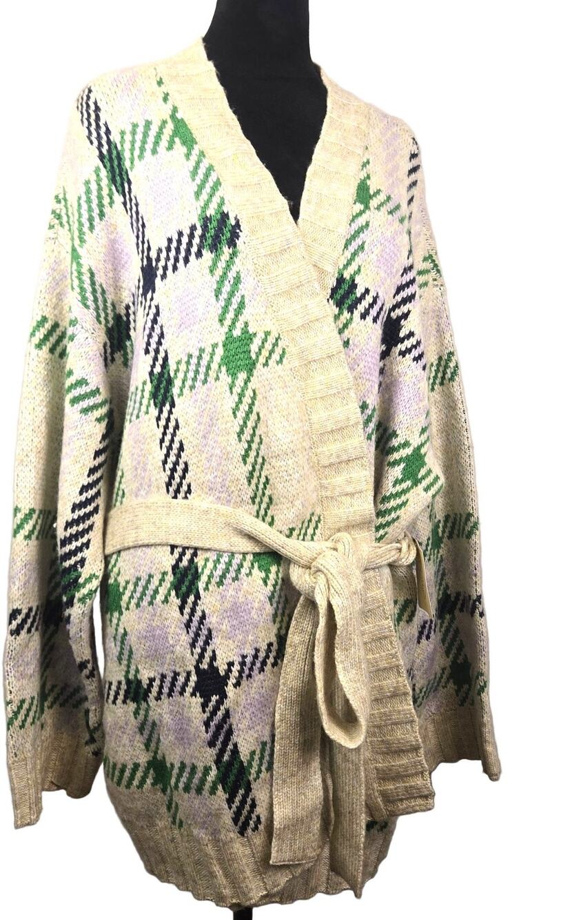 St. John's Bay Wrap Cardigan Women's Plus 1X Plaid cream green purple LAGENLOOK